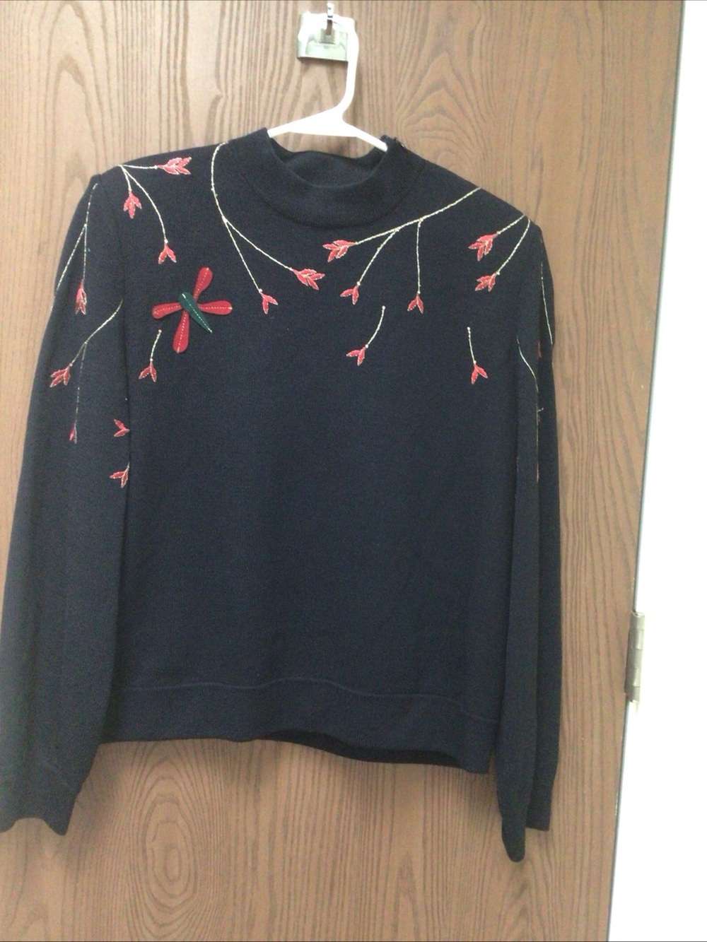 St. John Collection black sweater, red and gold appliqué embroidered, mock, sz M